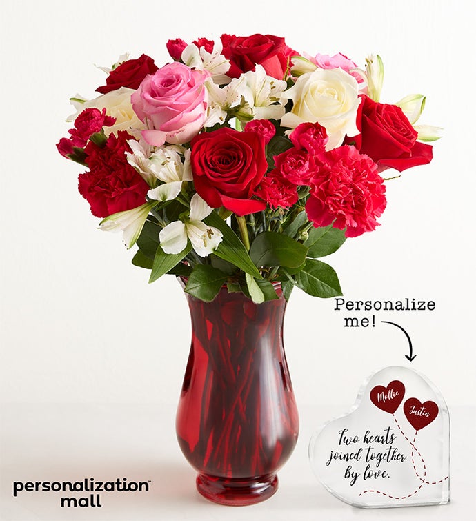 Two Hearts, One Love Bouquet with Personalized Heart Keepsake