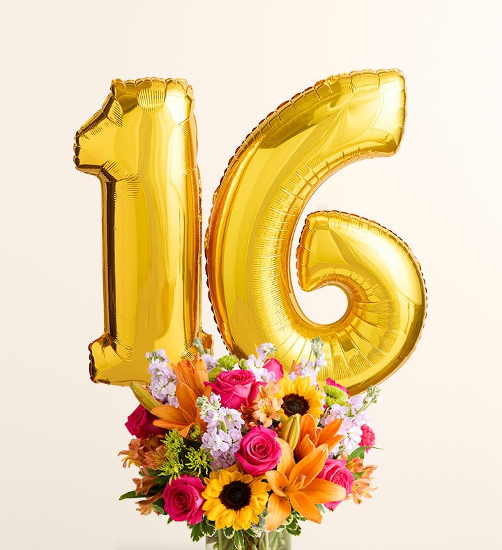 Floral Embrace™ with Number 16 Balloons