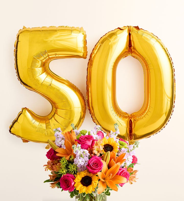 Floral Embrace with Number 50 Balloons