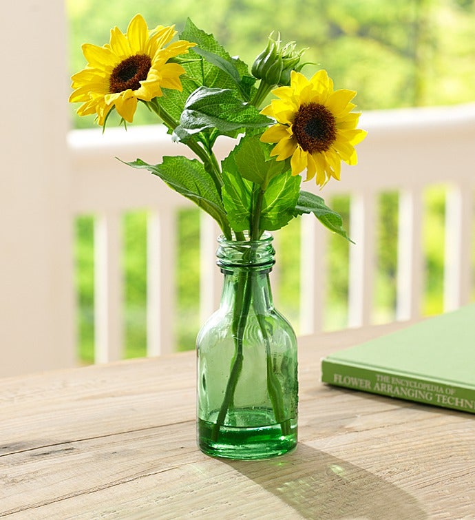 Silk Sunflowers in Green Glass Vase
