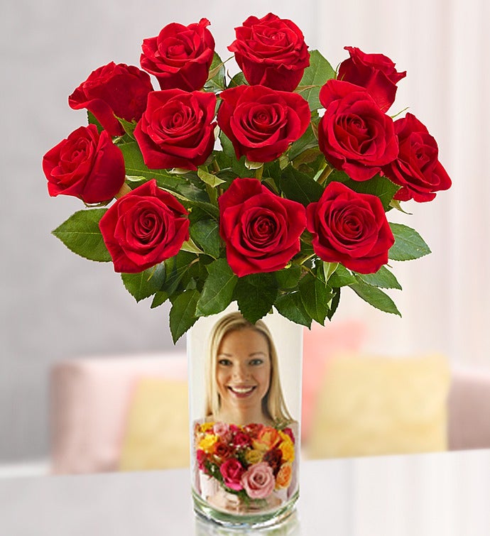 Personalized Vase with Red Roses