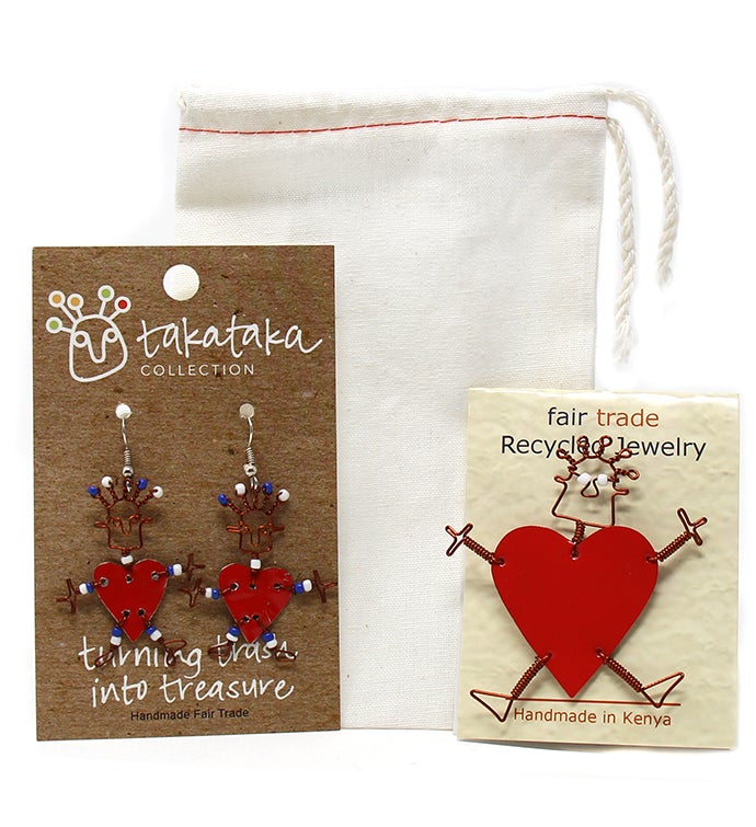 Recycled Tin Dancing Red Heart Pin & Earring Set Kenya