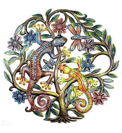 Recycled Metal Tree Of Life With Geckos Wall Art, 24"