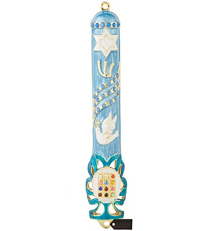 Matashi Hand Painted 5.7" Dove Mezuzah W/ Gold Accents & Crystals
