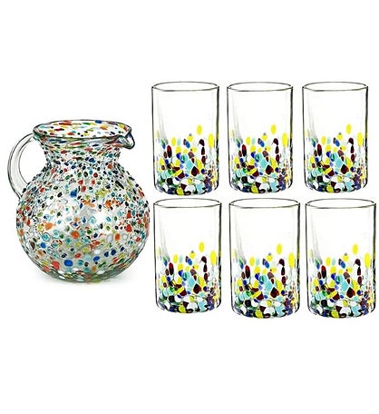 Hand Blown Mexican Drinking Glasses And Pitcher – Set Of 6