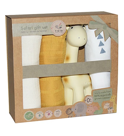 Giraffe Gift Set-three Muslin Squares With Giraffe Natural Rubber Teether