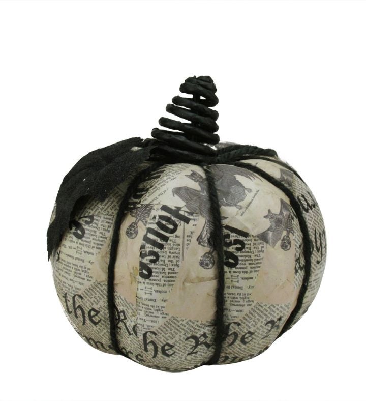 Black And Gray Glittered Newspaper Decoupage Halloween Pumpkin Decor