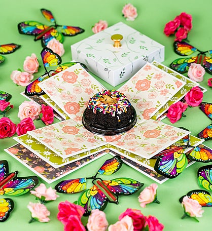 Blossom Box Gift With Butterfly Surprise and Chocolate Cake