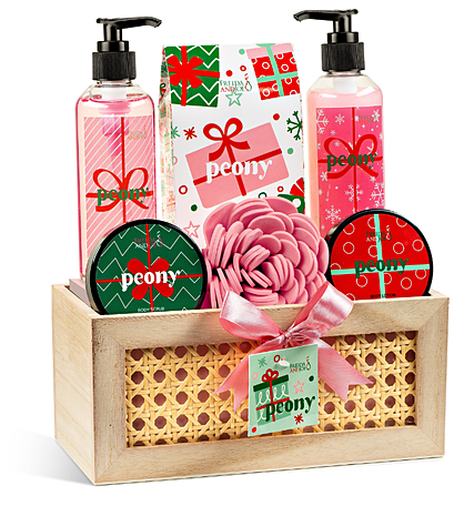 Pink Peony Fragrance Bath & Body Spa Gift Set in Natural Wood Basket