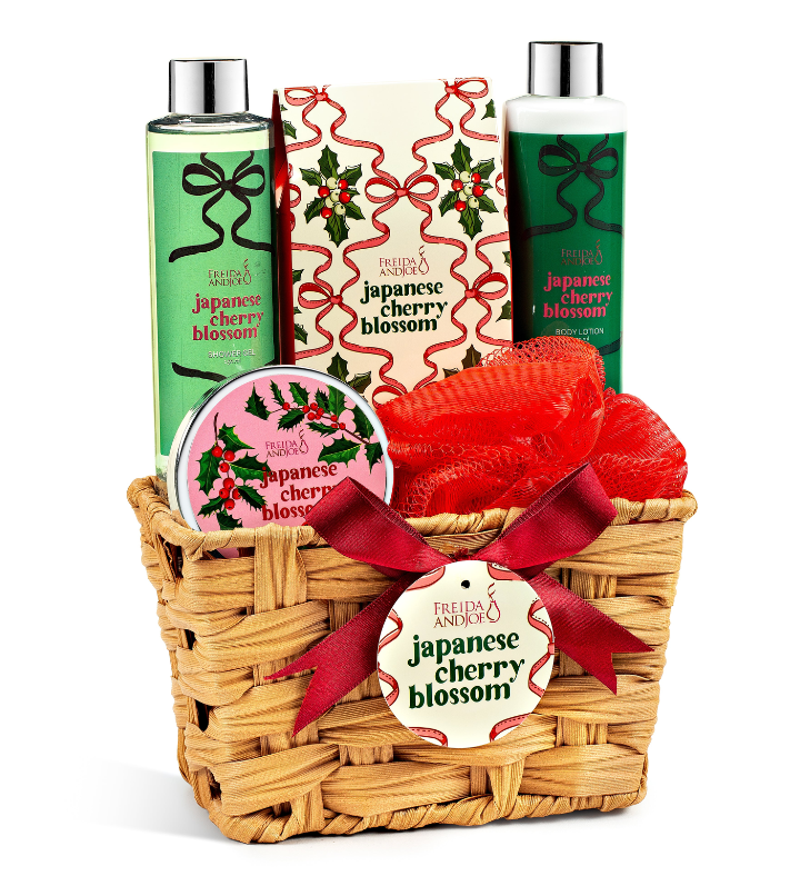 Japanese Cherry Blossom 6 Pc Bath & Body Spa Gift Set in A Wicker Basket