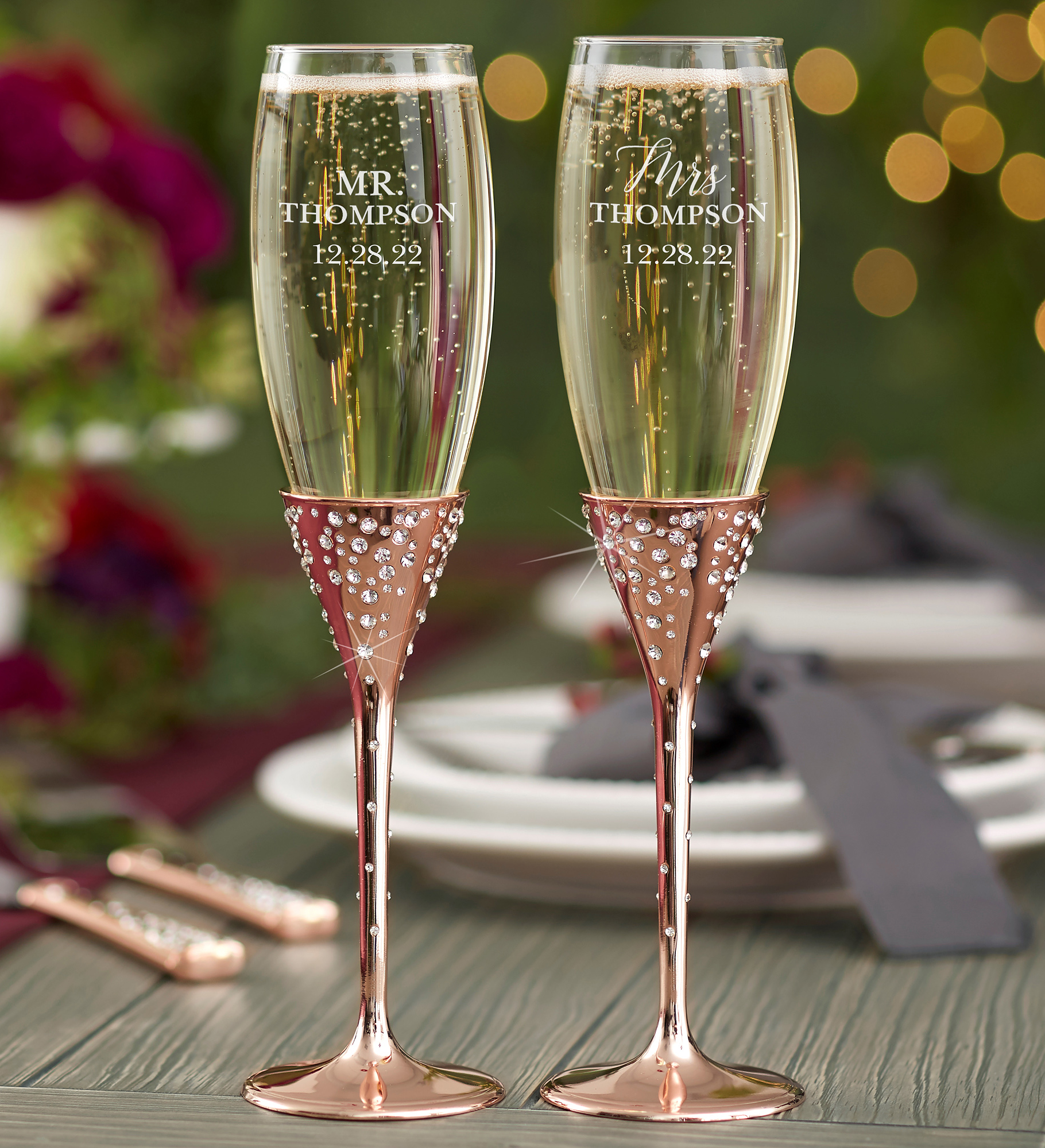 Radiant Rose Gold Etched Wedding Champagne Flute Set
