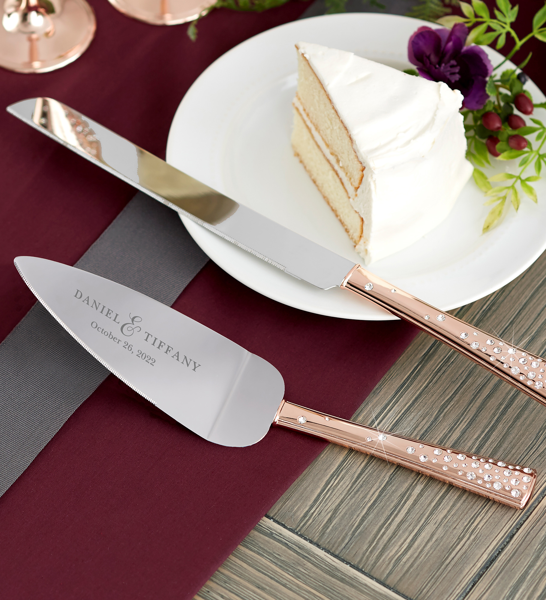 Rose Gold Engraved Cake Knife & Server Set