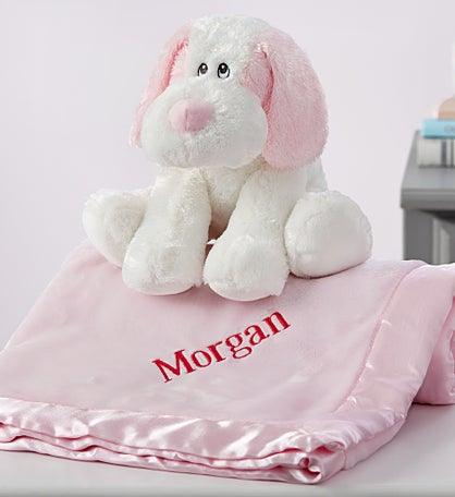 Embroidered Satin Trim Baby Blanket with Plush Puppy Set
