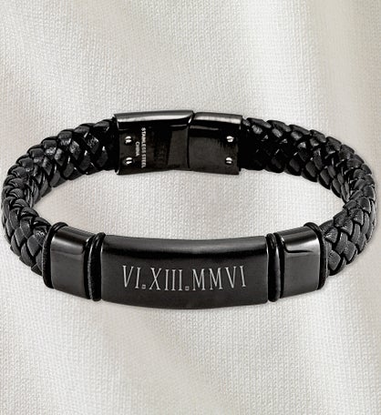 Roman Numeral Personalized Men's Braided Leather Bracelet