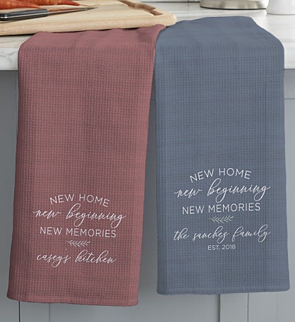 New Home, New Memories Personalized Waffle Weave Kitchen Towel