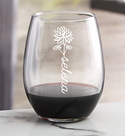 Birth Flower Name Engraved Wine Glass Collection