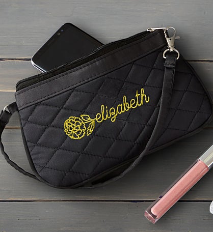 Birth Flower Name Embroidered Quilted Wristlet