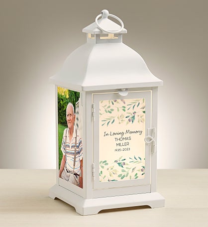 Serene Memorial Personalized White Metal LED Lantern