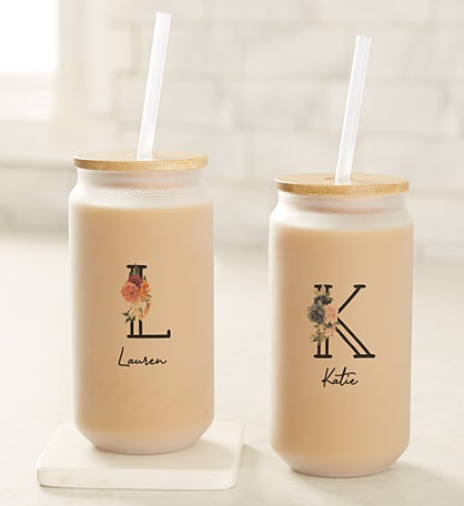 Colorful Floral Personalized Frosted Iced Coffee Tumbler