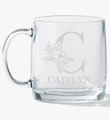 Floral Initial & Name Engraved 12.5oz Glass Wide Mug