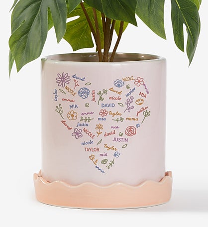 Blooming Heart Personalized Pink Ceramic Flower Pot with Tray