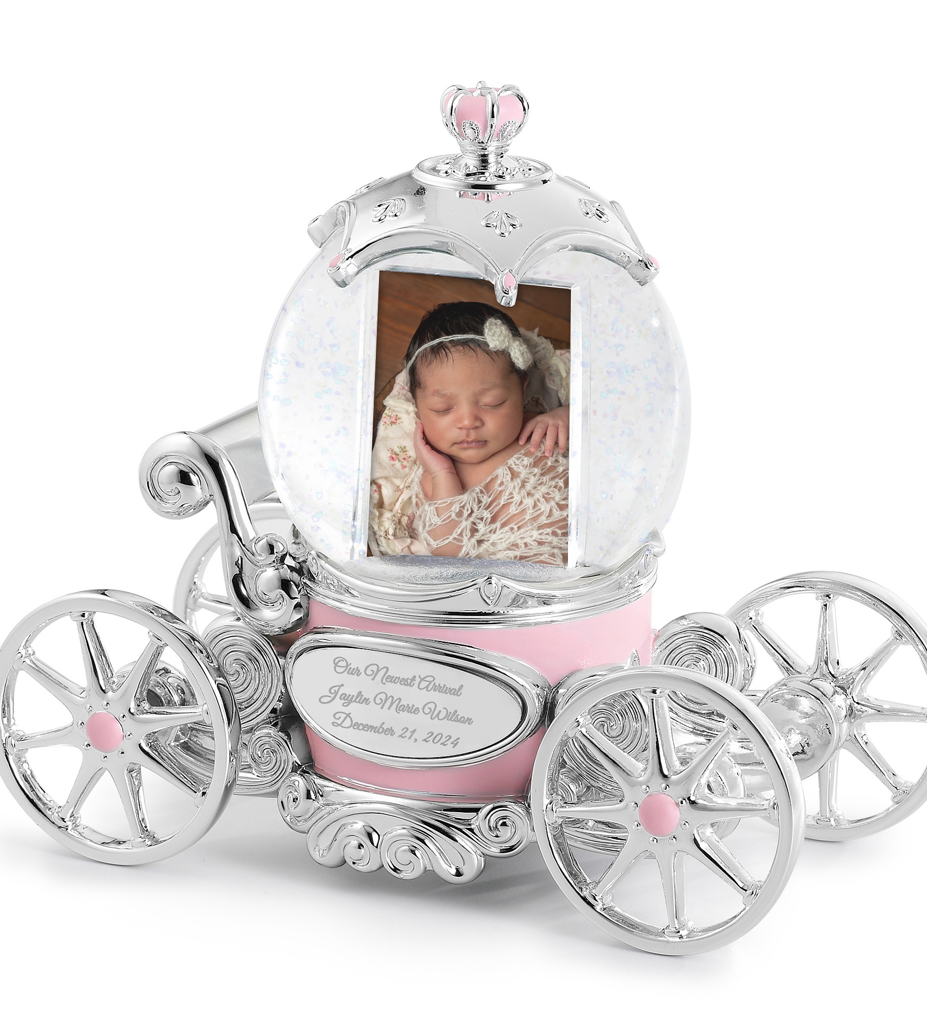 Engraved Princess Carriage Snow Globe for New Baby