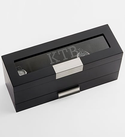 Engraved Monogram Black Wooden Watch Box with Drawer