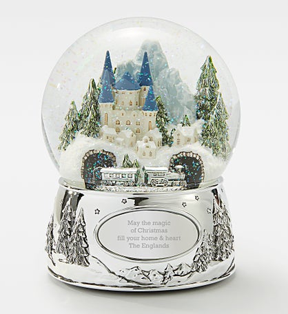 Engraved Winter Castle with Train Snow Globe