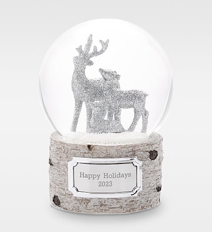 Engraved Silver Glittering Deer Snow Globe
