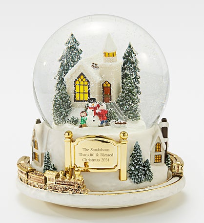 Engraved Large Colorful Village with Train Snow Globe