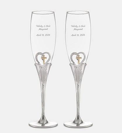 Engraved Cross & Heart Flute Set