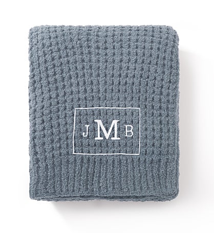 Embroidered Saranoni Waffle Knit Throw - Oxford (Chambray Blue)