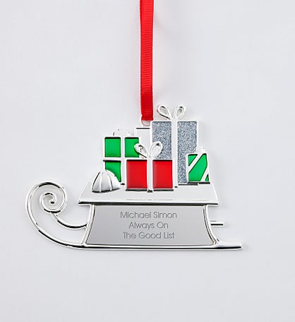 Engraved Silver Sled with Presents Metal Ornament