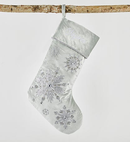 Embroidered Sage Green & Silver Jeweled Snowflake Stocking