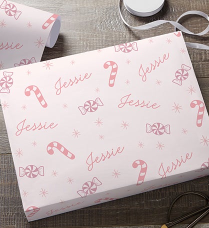 Kittenish Pink Peppermints Personalized Wrapping Paper in Pink
