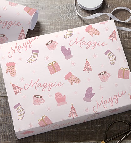 Kittenish Cozy Holiday Personalized Wrapping Paper in Pink
