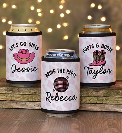 Kittenish Western Cow Print Personalized Can & Bottle Wrap