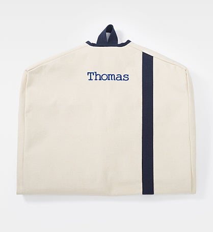 Kittenish Embroidered Canvas Stripe Garment Bag in Natural Ecru