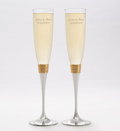 Kittenish Etched Gold Hammered Champagne Flute Set