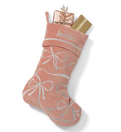 Kittenish Embroidered Bows & Ribbons Stocking in Pink/Silver