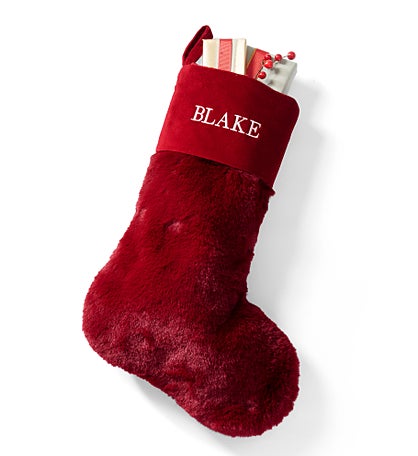 Embroidered Luxe Faux Fur Stocking in Dark Red