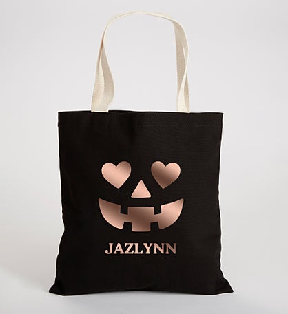 Kittenish Personalized Pinkoween Spooky Face Black Canvas Tote Bag