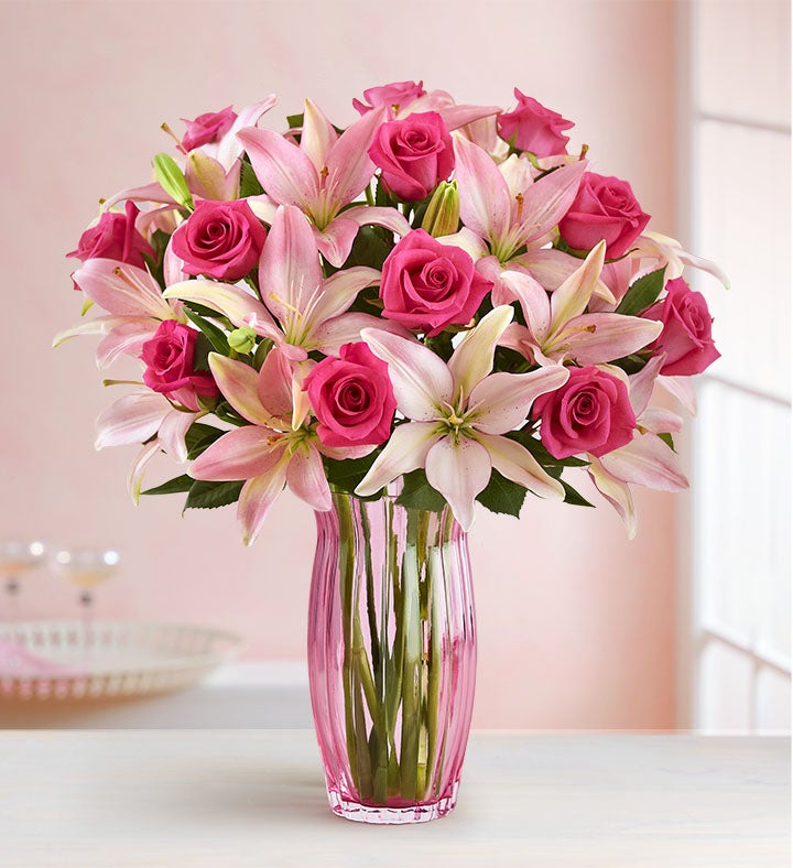 Magnificent Pink Rose & Lily Bouquet + Free Shipping