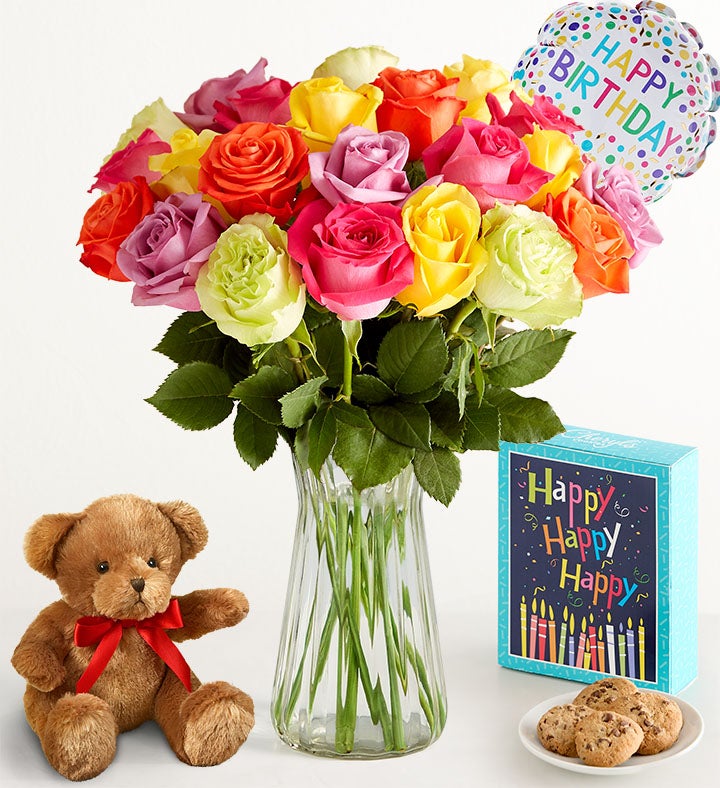 Happy Birthday Assorted Roses, Stems