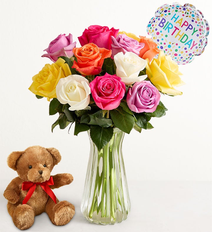Happy Birthday Assorted Roses, 12-24 Stems