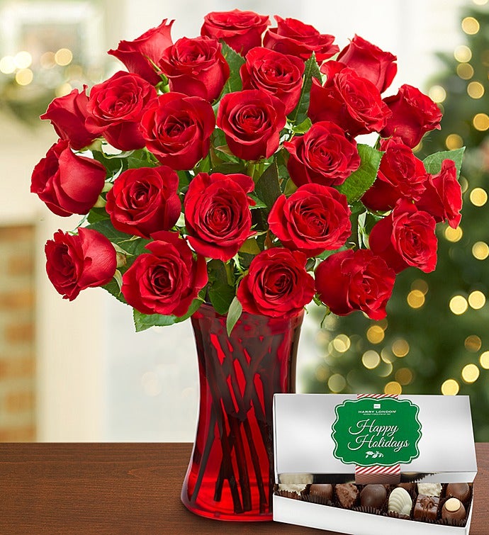 Red Roses with Holiday Chocolate