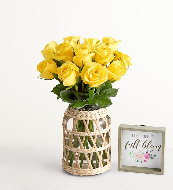 1-800-Flowers Flower Delivery Yellow Roses 12 Stems W/ Wicker Vase & Sign