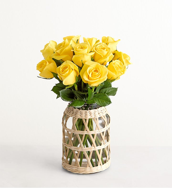 1-800-Flowers Flower Delivery Yellow Roses 12 Stems W/ Wicker Vase