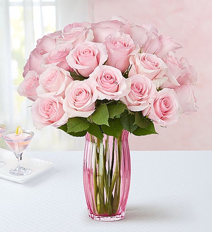 Two Dozen Pink Roses with Clear Tapered Vase