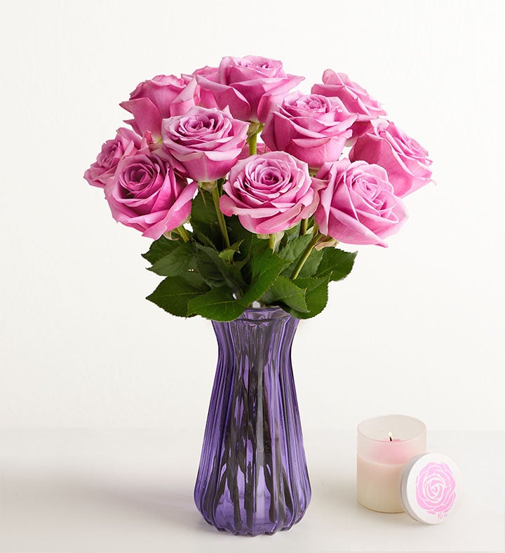 1-800-Flowers Flower Delivery Passion For Purple Roses 12 Stems W/ Purple Vase & Candle